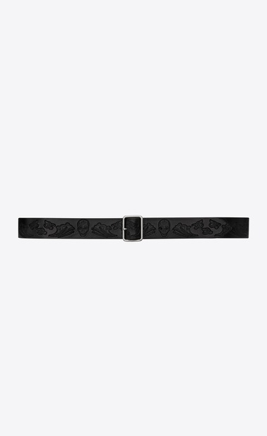 Belt with porthole buckle in leather embossed with calavera motif